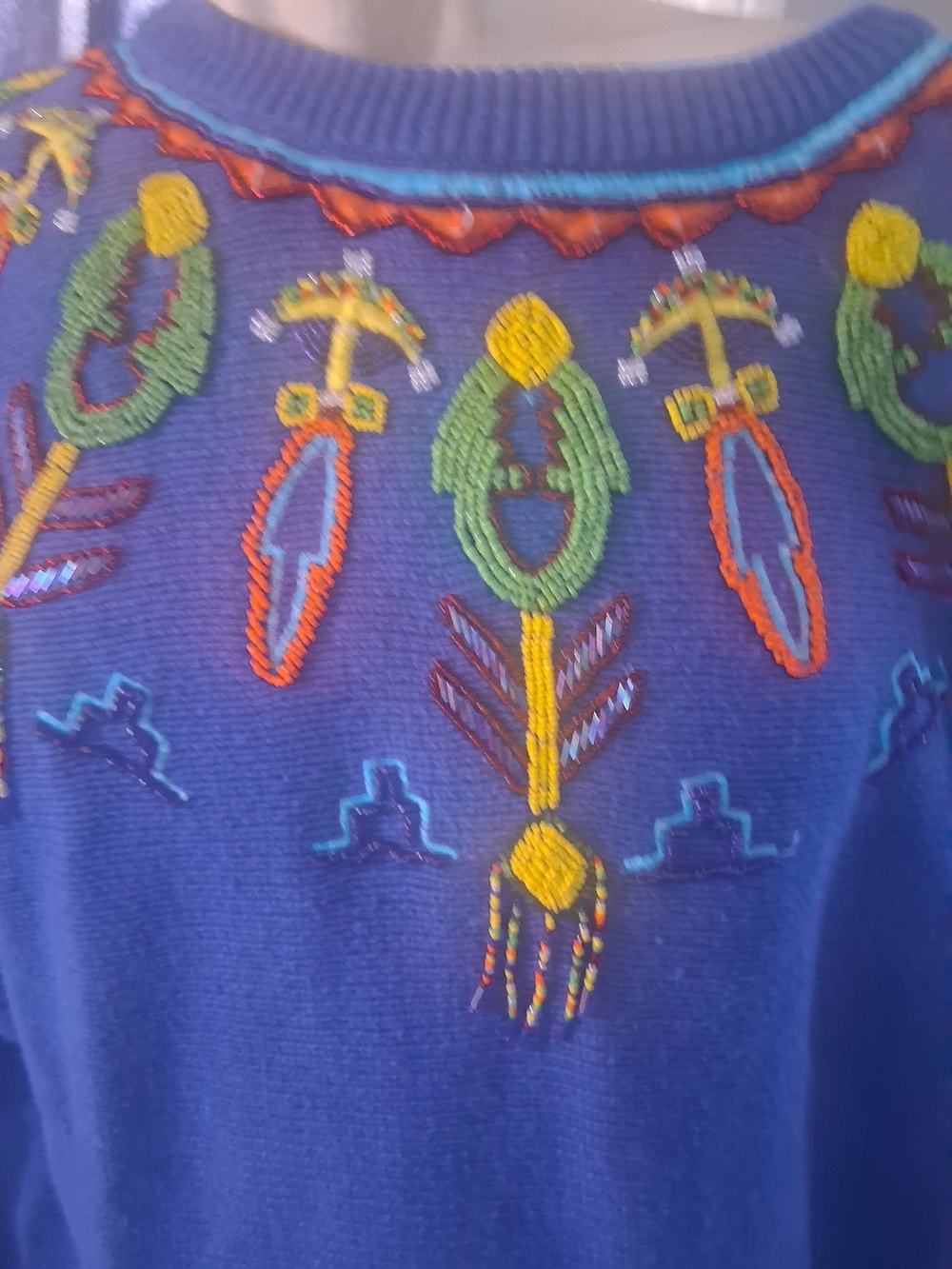 MARINA Blue Knit Sweater with Colorful Embroidery